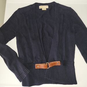 Michael Kors Navy Cardigan with Brown Accent Size P Petitte.
